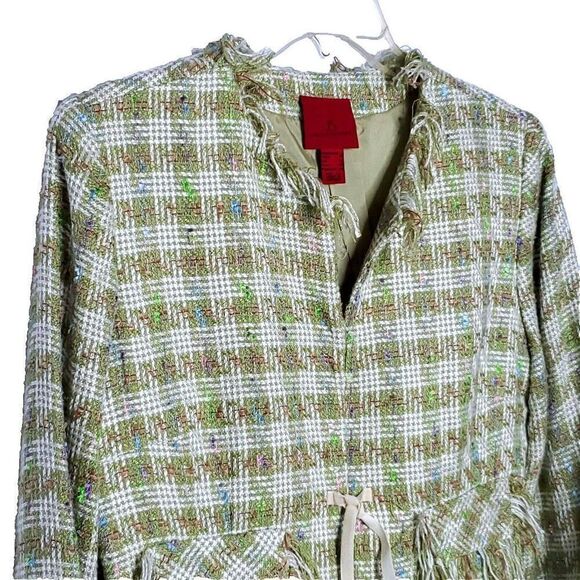 JS Collections Woven Plaid Tweed Jacket 10 M Green Frayed Fringe Trim Velvet Tie - Picture 3 of 6